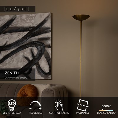 Lucide ZENITH - Lámpara de suelo - Ø 25,4 cm - LED Regul. - 1x20W 3000K - Oro mate / Latón